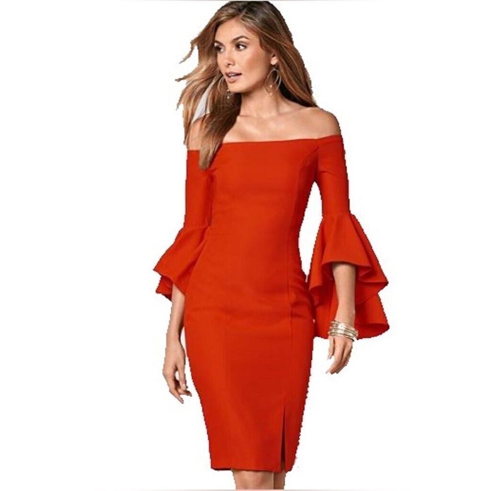 Venus orange off the shoulders bell sleeve dress